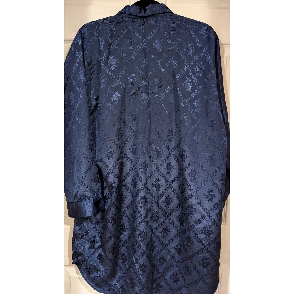 Liz Banks Intimates Sleep Shirt M Navy Blue Damask Floral Satin Button Nightie